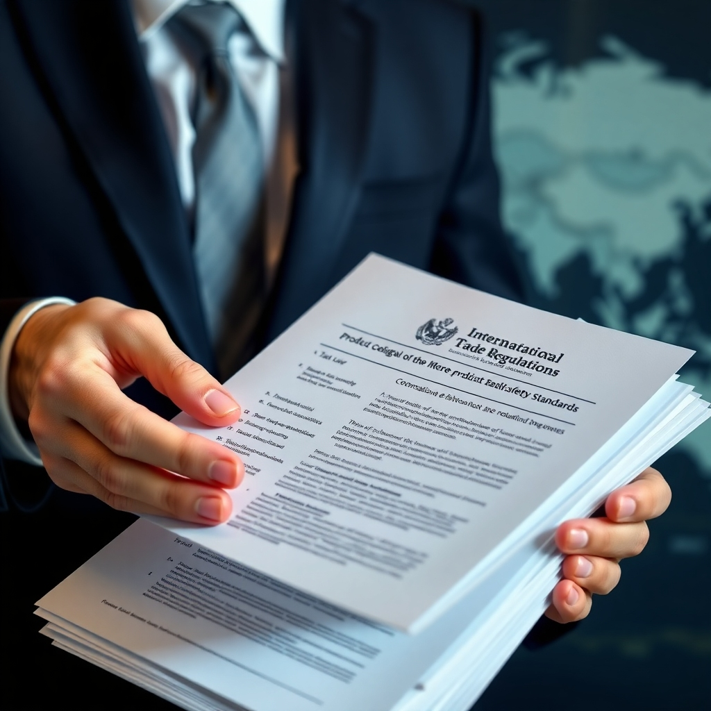 A photorealistic image of a businessperson reviewing a stack of documents related to international trade regulations, tax laws, and product safety standards for different countries.  The documents should be clearly visible and have official-looking seals or logos. The background should subtly show a world map.