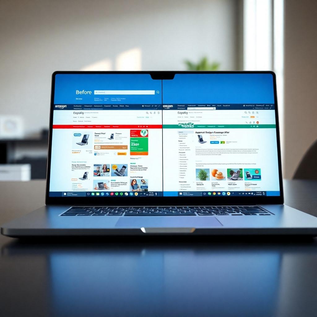 A photorealistic image, rendered in 8K resolution, portraying a laptop screen displaying a before-and-after comparison of an Amazon EBC A+ page. The 'before' image shows a poorly designed, cluttered page.  The 'after' image showcases the same product with a professionally redesigned EBC A+ page, featuring high-quality images, clear calls to action, and compelling copy. The laptop is positioned on a sleek, modern desk, illuminated by soft, natural lighting that emphasizes the vibrancy of the colors on the screen. The color scheme is crisp and clean, with an emphasis on shades of blue and green, evoking feelings of trust and growth. The camera angle is slightly angled, creating a dynamic and engaging composition. The scene should include subtle background elements, such as a minimalist office setting. The mood should be positive, optimistic, and productive. The style is inspired by leading tech and design companies' website imagery. The texture of the laptop, desk, and surrounding environment should be extremely detailed and hyperrealistic, reflecting the high-quality visual appeal of the enhanced EBC A+ content. The image should project professionalism, sophistication, and attention to detail.