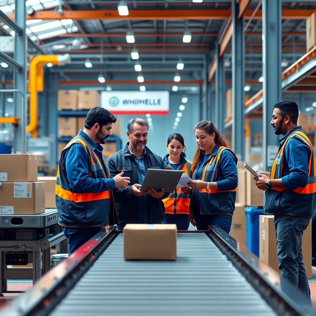 A photorealistic image, shot in 8K resolution, showing a diverse team of logistics professionals collaborating in a modern warehouse.  The scene is brightly lit, with soft, diffused lighting that emphasizes the people and the technology they use.  The color palette is bright and energetic, using blues, oranges and greens to emphasize efficiency and global reach. The camera angle is a medium shot, capturing both the team and their surroundings. The warehouse is clean, organized, and technologically advanced, with advanced shipping equipment clearly visible (e.g., conveyor belts, automated sorting systems, etc).  Textures should include the smooth surfaces of machinery, the rough texture of cardboard boxes, and the fabric of the workers' uniforms.  The overall mood is one of efficiency, precision, and global connectivity.  The style should be similar to a high-quality corporate video portraying modern logistics operations. Include subtly visible branding of international shipping companies in the background. The image needs to be hyperrealistic with ultra-detailed textures and sharp focus.