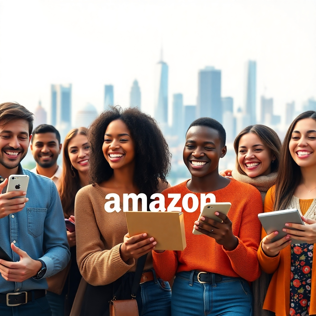 A photorealistic image showcasing a diverse group of people from different countries happily using various products with the Amazon logo subtly incorporated into the scene. The background should have a global feel, perhaps a vibrant city skyline showcasing diverse architecture. The lighting should be bright and positive, creating a welcoming and global atmosphere.