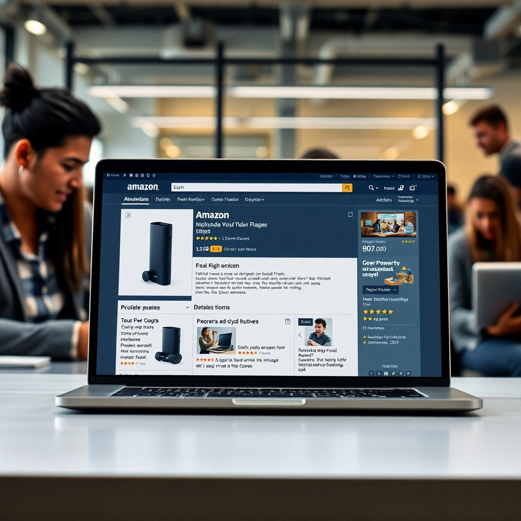 A photorealistic image showcasing a laptop screen displaying a multilingual Amazon product listing with high-quality images, detailed descriptions in several languages, and positive customer reviews from different countries.  The background should suggest a global office environment with diverse people working.