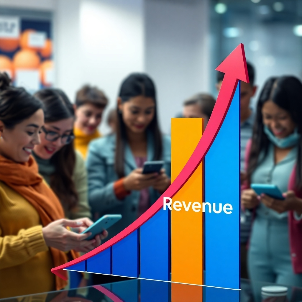 A photorealistic image showing a vibrant upward trending graph representing increased sales and revenue.  The graph should clearly indicate exponential growth, with the labels clearly displaying 'Global Sales' and 'Revenue'.  In the background, partially blurred, show a diverse group of people from various countries using Amazon devices and purchasing products. The image should feel positive, prosperous, and inspiring.