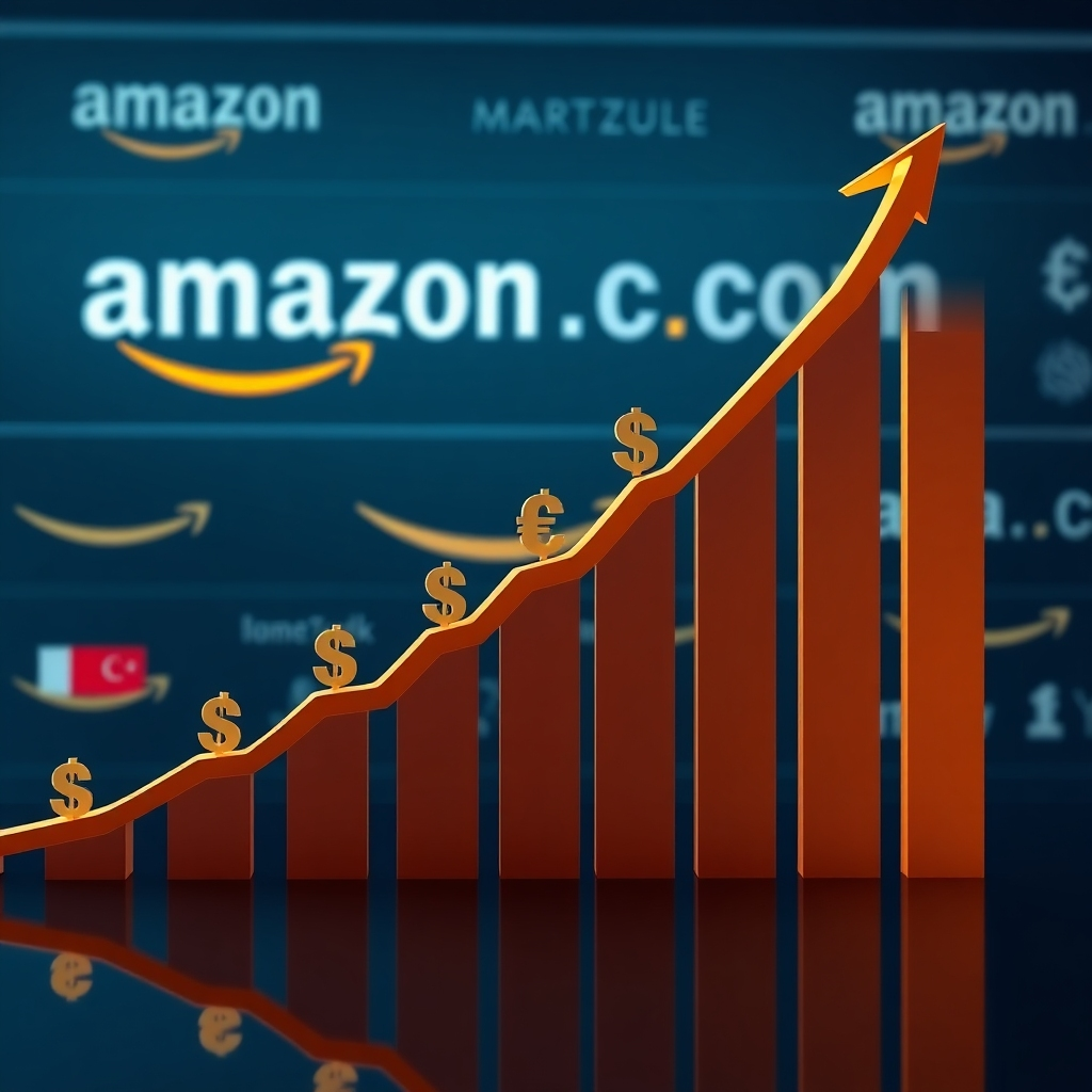 A photorealistic image showing a stylized graph sharply increasing, with multiple currency symbols (USD, EUR, GBP, JPY etc.) integrated into the upward trendline. In the background, subtly show different Amazon marketplace logos, indicating sales expansion across multiple countries. The overall style should be clean, professional, and data-driven.