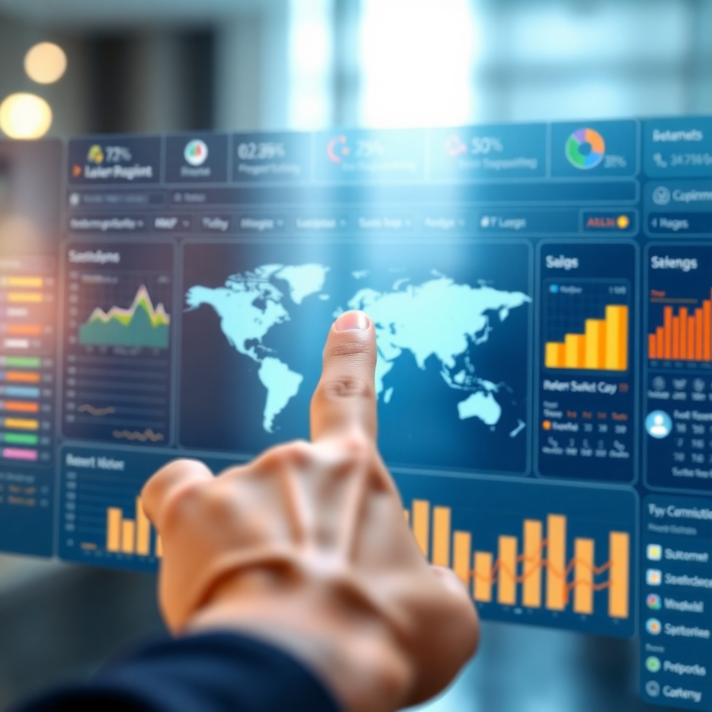 A photorealistic image showing a streamlined, intuitive dashboard interface, visually representing the ease of managing international sales on Amazon. The interface should feature various elements like sales data graphs, order management sections, and customer communication modules.  Colors should be professional and user-friendly.  A hand should be subtly hovering over a map indicating successful international shipments.  The background should be slightly blurred to emphasize the central dashboard interface.