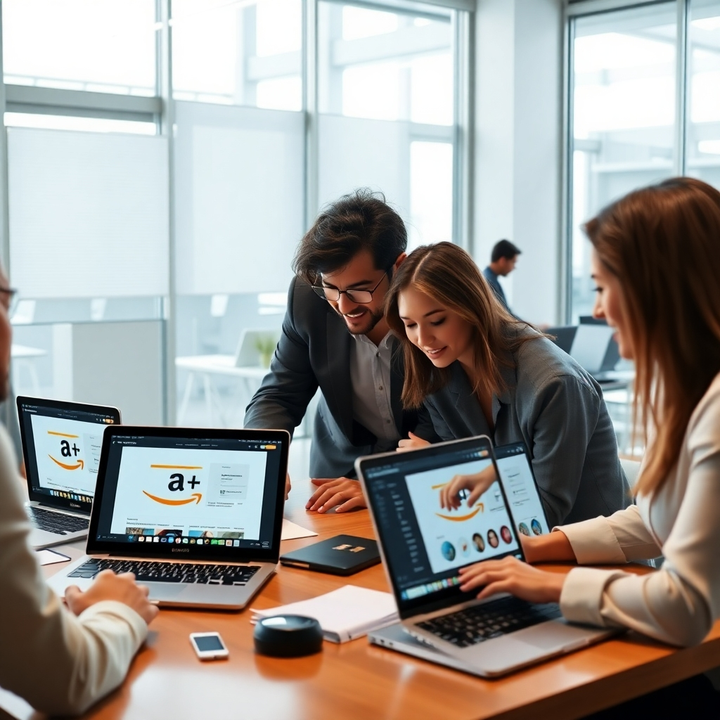 A photorealistic image showing a team of professionals collaborating around a table, with laptops displaying Amazon A+ content templates and design software.  The office should be modern and bright, reflecting a professional and collaborative working environment. The image should convey expertise and efficiency in A+ content creation.