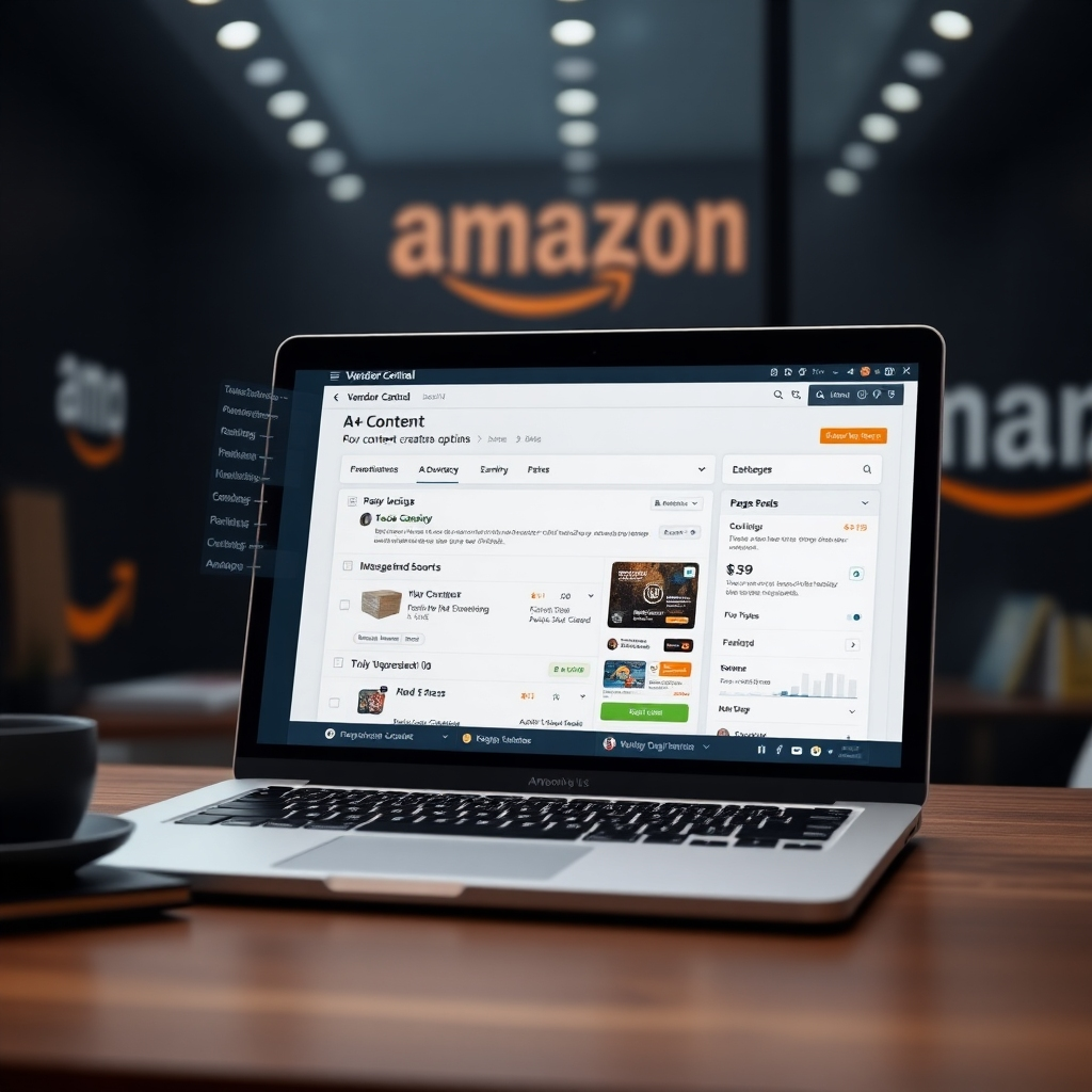 A photorealistic image showing a laptop displaying an Amazon Vendor Central dashboard with A+ content creation options highlighted, emphasizing the ease of use and professional interface. The background should subtly feature Amazon branded elements. The overall mood is professional and efficient.