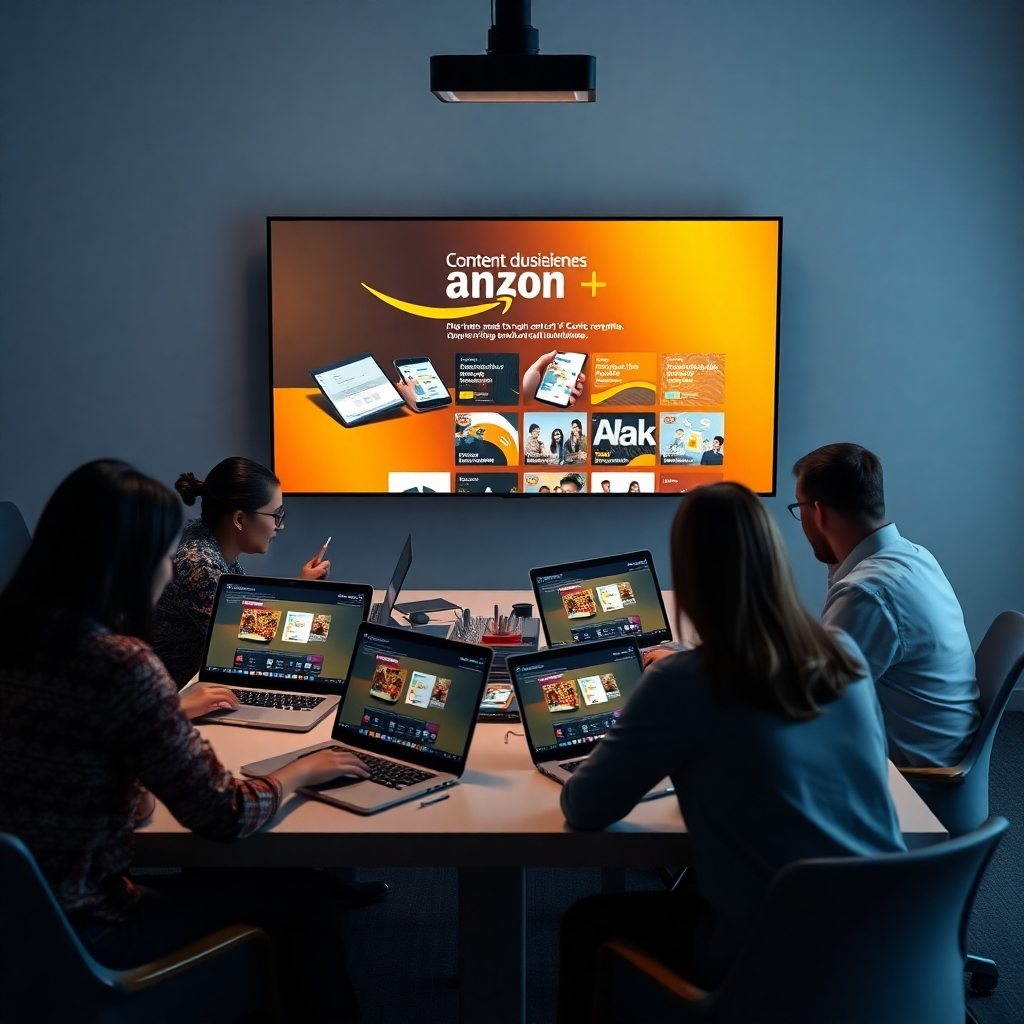 A photorealistic image showing a team of designers collaborating around a table.  Laptop screens display mockups of Amazon A+ content.  A large screen on the wall displays Amazon's A+ content guidelines.  The image should convey a professional and collaborative work environment.
