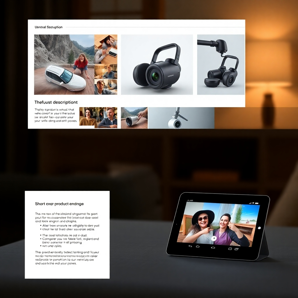 A photorealistic image split into three sections: one showing a compelling product image with lifestyle shots, the second showcasing a detailed product description with bullet points, and the third a short, engaging product video playing on a tablet. All sections should showcase the same product, emphasizing multiple content avenues.