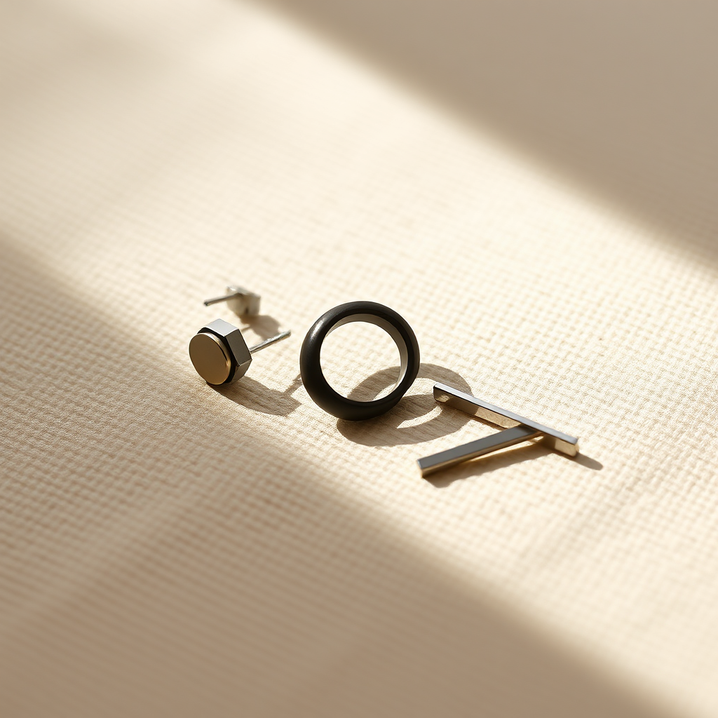 Collection of men's earring studs on linen
