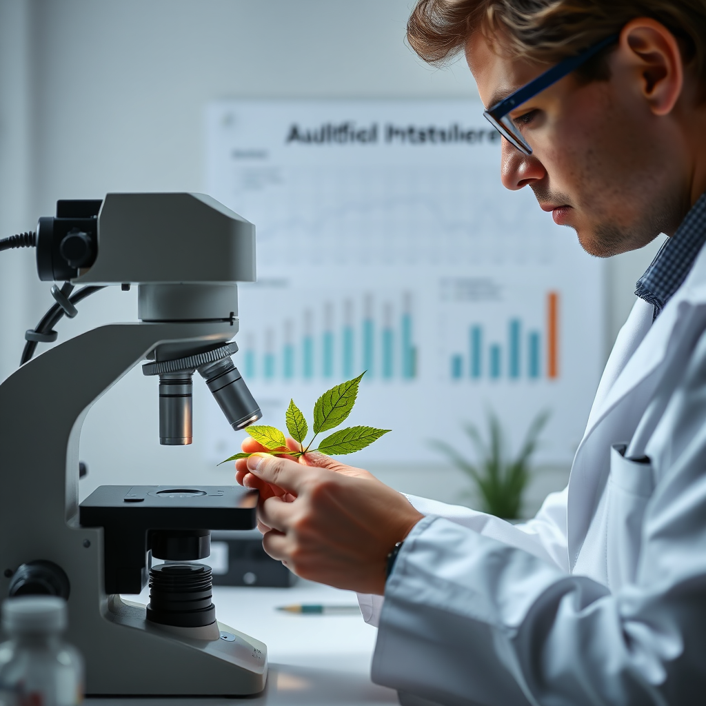 Scientist examining a plant leaf