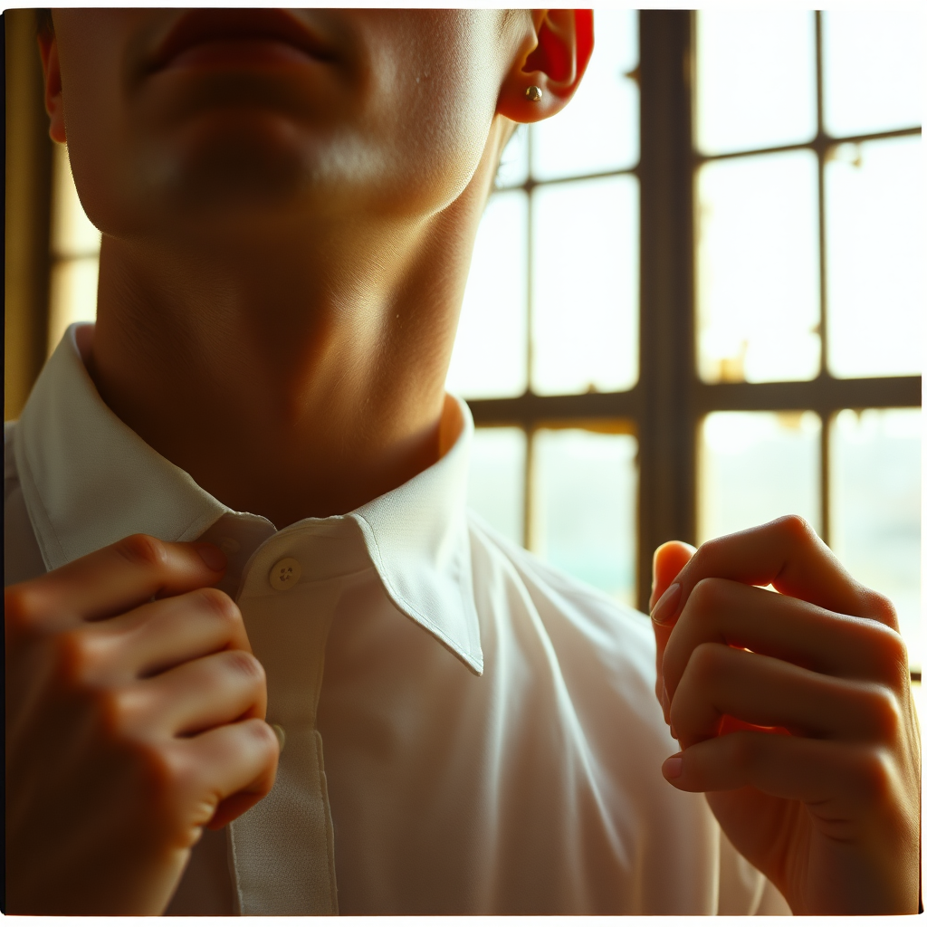 Man adjusting shirt collar with visible earrings