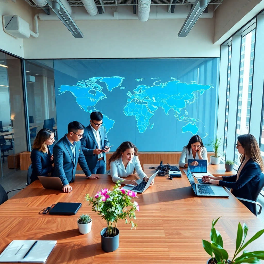 Create a photorealistic, ultra-high-resolution (8K) header image depicting a diverse team of professionals collaborating in a modern, bright office setting.  The scene should evoke a feeling of success, innovation, and global reach. The color palette should be vibrant yet professional, with accents of blue and green representing trust and growth.  The mood should be energetic and optimistic. The camera angle should be a high-angle shot, slightly tilted to create dynamic visual interest. The image should feature a large world map displayed prominently on a wall, with glowing pinpoints highlighting key international markets.  Team members should be interacting with laptops and tablets, displaying data charts and graphs indicating positive growth trends. The materials should be modern and sleek, with polished wood desks, glass partitions, and high-tech equipment. The lighting should be bright and natural, coming from large windows, creating soft shadows. Textures should be highly detailed – the wood grain on the desks, the subtle textures of the fabrics in clothing. There should be subtle environmental details: plants, tasteful artwork, and modern office furniture, to enhance the contemporary feel. The overall style should emulate high-end corporate photography, such as those seen in campaigns for successful multinational companies. The style references should be similar to the work of Annie Leibovitz, known for her stunning portraits and insightful compositions.  The image must be hyperrealistic, showing exceptional detail in every element, emphasizing textures and light play. The composition should follow the rule of thirds, ensuring a balanced and visually appealing arrangement of elements., ultra high resolution, photorealistic, 8K, hyperdetailed, cinematic lighting