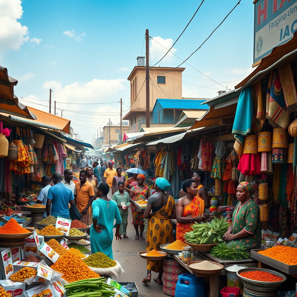 A bustling local market in Accra, filled with vibrant colors and textures, showcasing stalls of fresh spices, handmade crafts, colorful textiles, and energetic vendors interacting with customers. The scene should capture the essence of local culture with a lively atmosphere.