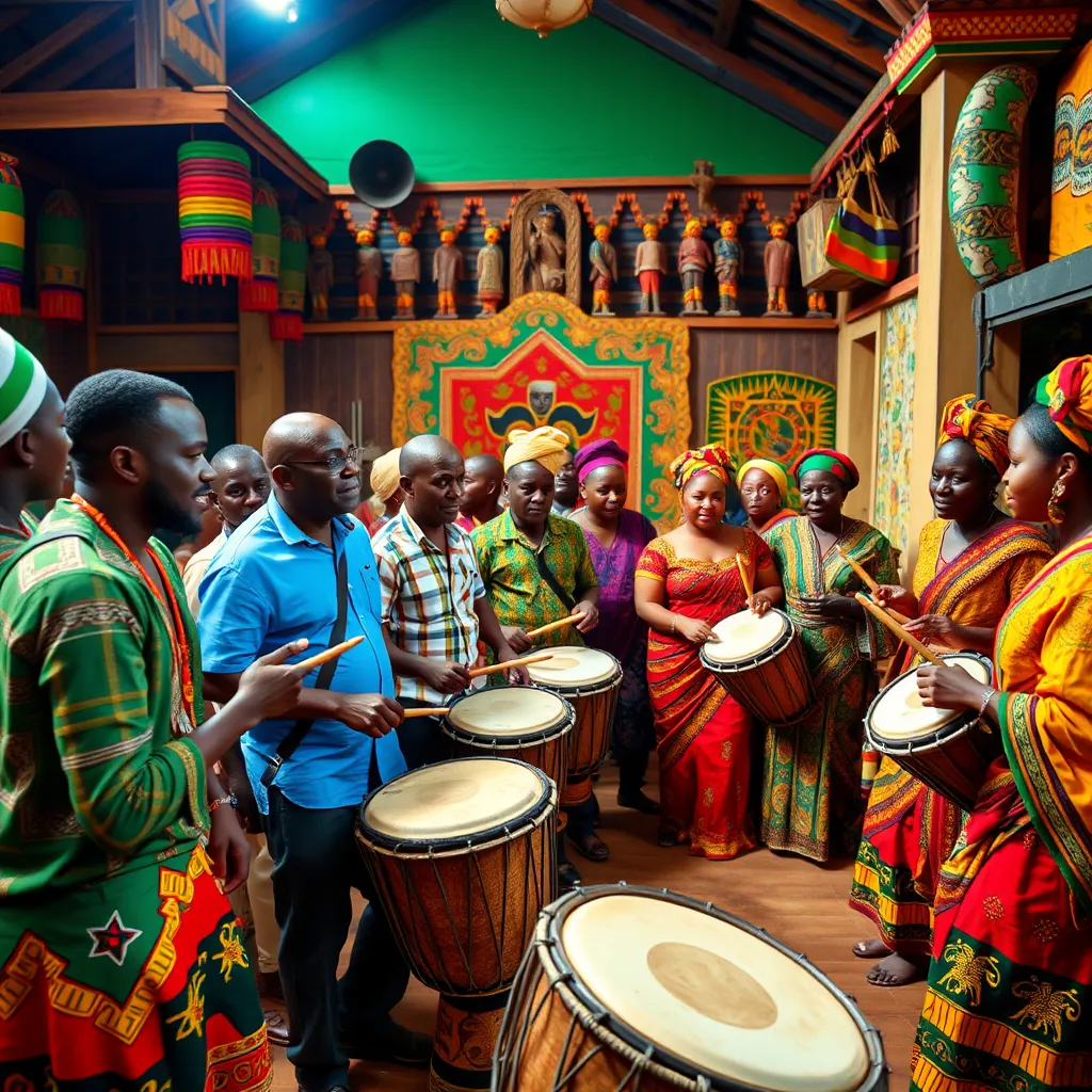 A group of tourists participating in a traditional Ghanaian drumming and dancing class in a vibrant cultural setting, surrounded by lively musicians and colorful traditional attire. The background should include elements of Ghanaian architecture and art, showcasing cultural richness.