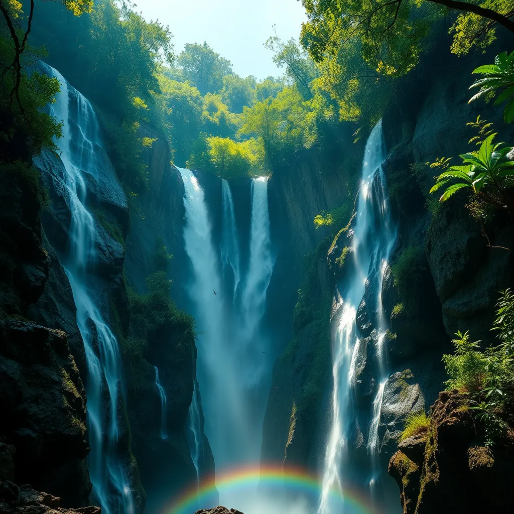 A picturesque view of Kintampo Waterfalls, cascading down rocky cliffs surrounded by lush green tropical rainforest. The sunlight filters through the trees, creating a shimmering effect on the water. A rainbow appears at the base of the falls, with birds flying in the background.