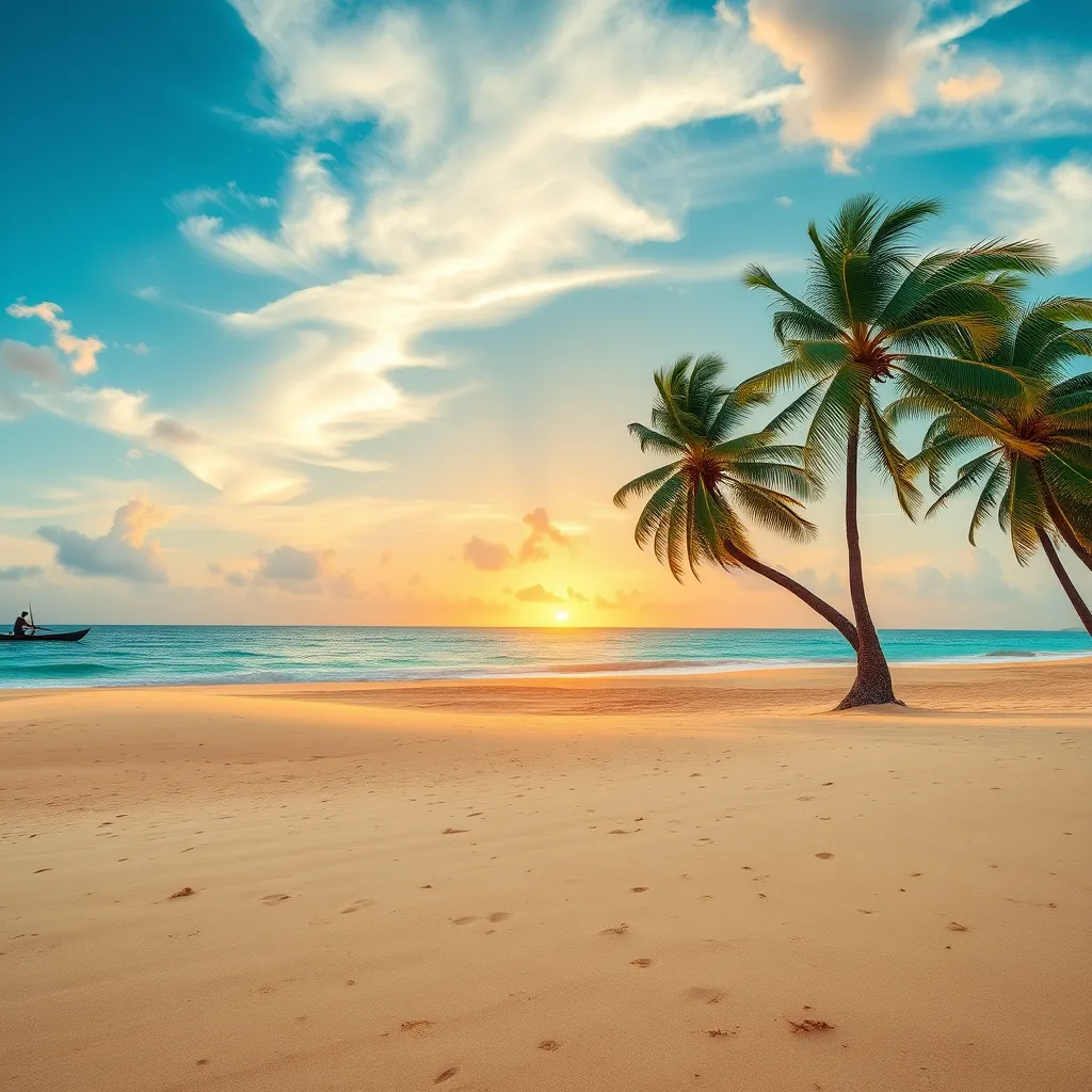 A serene, untouched beach in Busua, with golden sands stretching out to the turquoise ocean. Palm trees sway in the gentle breeze, and a picturesque sunset casts warm colors over the water. A lone fisherman in a traditional canoe adds to the tranquil ambiance.