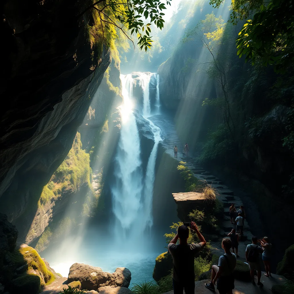A stunning panoramic view of a hidden waterfall cascading down rocky cliffs surrounded by dense jungle, with sunlight filtering through the trees, creating a magical atmosphere. Include a group of tourists marveling at the beauty while taking photographs.