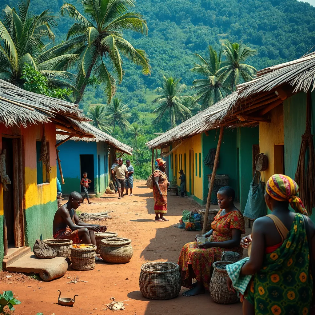 A vibrant scene in a traditional Ghanaian village showcasing colorful huts, local artisans crafting handmade goods, and visitors interacting with friendly villagers amidst a lush green landscape, capturing the essence of Ghana's rich culture and heritage.
