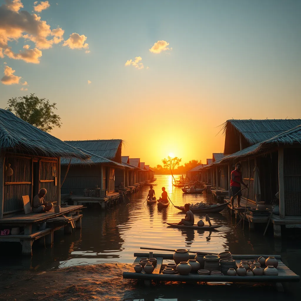 A vibrant village scene in Nzulezo, with traditional stilt houses built over water. Local artisans are seen crafting pottery, while children play nearby. The sun sets in the background, casting warm hues over the village and its surroundings.