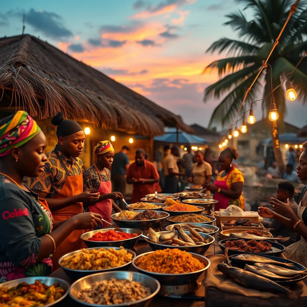 An inviting outdoor Ghanaian restaurant setting with a vibrant display of traditional dishes like jollof rice, banku, and grilled fish. Local chefs, wearing colorful outfits, engage with visitors who are sampling food and enjoying the communal dining experience under a beautifully lit evening sky.