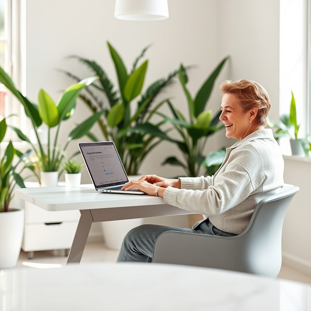 Craft a photorealistic image of a client sitting at a stylish desk, excitedly booking an appointment online on a laptop. The atmosphere should be bright and airy, with plants in the background to instill a refreshing vibe. The color tones should include soft whites and greens for an inviting feel. Capture the moment from an angled perspective to integrate the desk and the laptop screen prominently, ensuring the final product is vibrant and inviting.