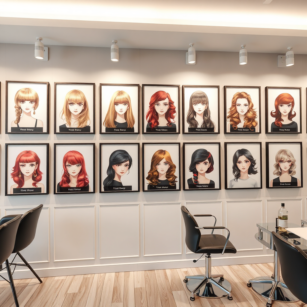 Create a stunning, photorealistic image of a stylish wall featuring different hairstyle options displayed on framed posters. The shop's ambiance should be contemporary and chic, with neutral color schemes accented by bright artwork. Use focused lighting to highlight each style, creating an inviting approach. Capture the scene from a straight-on perspective to draw attention to the visual array, ensuring the final image is crisp and compelling.