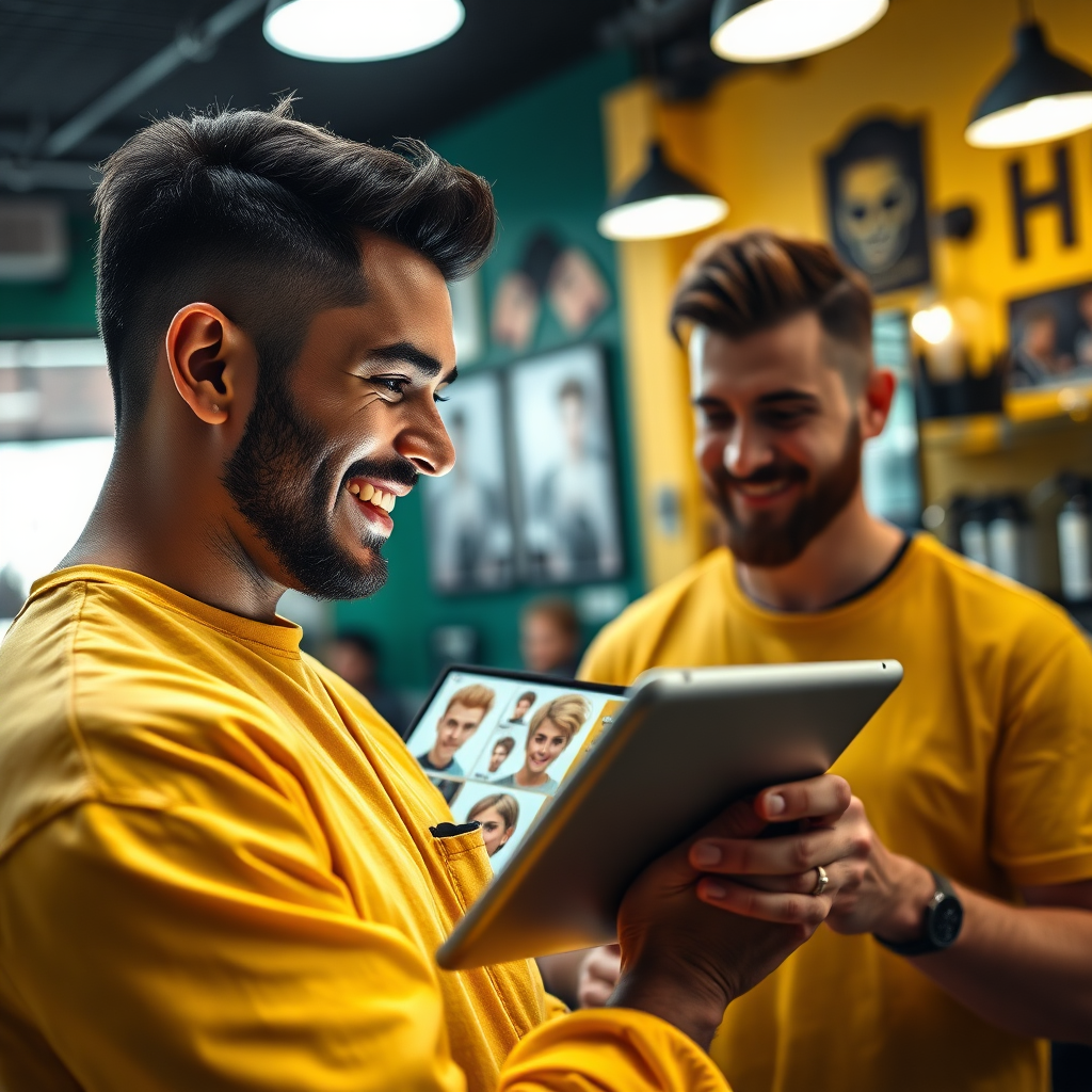 Create an engaging, photorealistic image of a barber showcasing different hairstyles on a digital tablet. The barber should be smiling, engaged with a client, emphasizing a friendly atmosphere. Use bright lighting to reflect a vibrant shop, with walls adorned with style inspirations. The color scheme should incorporate deep greens and yellows, creating an energetic feel. The camera should capture this moment from an over-the-shoulder perspective, focusing on the tablet and the barbershop in the background for a dynamic composition.