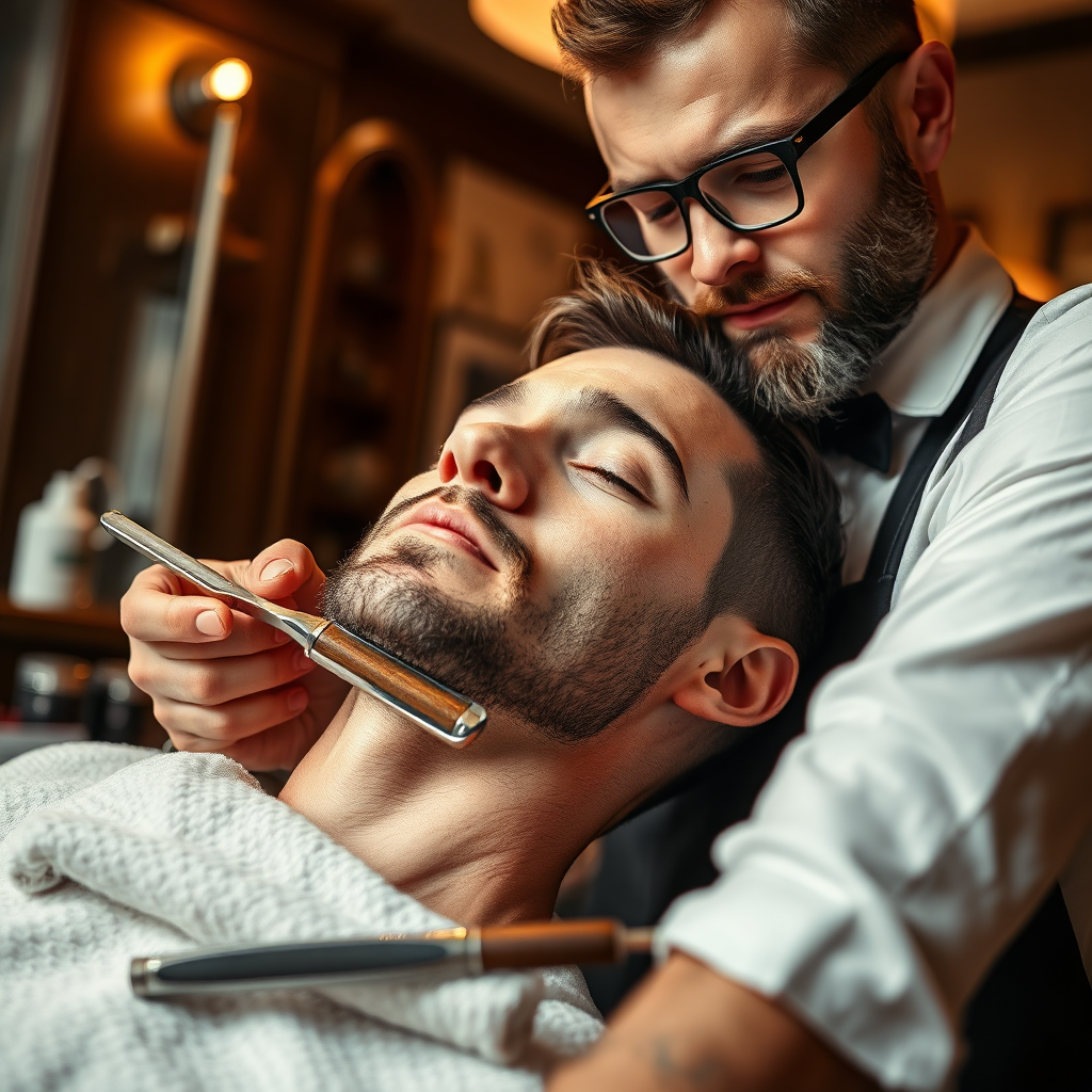 Create an inviting image of a client enjoying a classic straight razor shave. The barber should appear professional and focused, with warm lighting that casts soft shadows, enhancing the mood of relaxation. Include a vintage straight razor and hot towel in the foreground to convey authenticity. Capture this encounter at eye level, ensuring that the emotions of the client are highlighted while presenting a high-definition image.