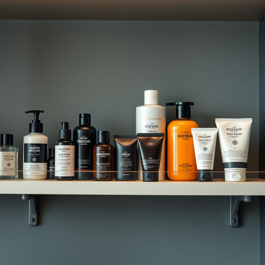 Design a high-quality, stylized image of a neatly arranged shelf filled with grooming products tailored for African American and Latino clients. The products should vary in size and color, reflecting diversity. Use soft, ambient lighting to create an inviting atmosphere. The background should be slightly blurred to keep attention on the product range. Capture the image at eye level, emphasizing the textures and packaging of the products, ensuring the final image maintains clarity and depth.