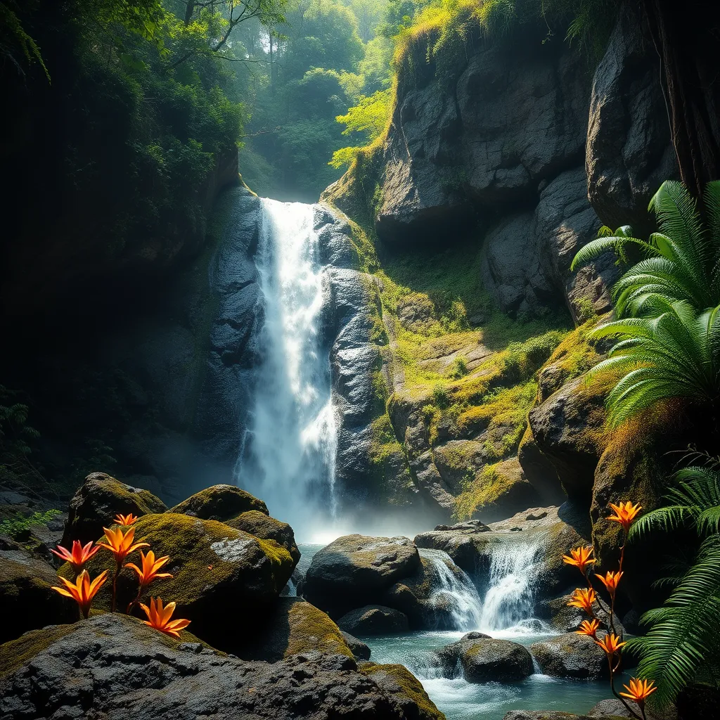 Design a stunning photorealistic image capturing a remote waterfall hidden in the mountains of Ghana. The scene should feature a majestic cascade of water surrounded by lush, tropical vegetation, with rocks covered in moss and ferns. Utilize dramatic side lighting to illuminate the waterfall, casting intricate shadows on the textured rock formations. A camera perspective slightly above the waterfall’s edge would create a dynamic viewpoint, showcasing the depth and beauty of the landscape. Include local flora and fauna, enhancing the image with vibrant splashes of color from exotic flowers. Aim for a hyperrealistic quality in 8K resolution, ensuring the grandeur of nature is prominently displayed, inviting viewers to explore Ghana's breathtaking hidden treasures.