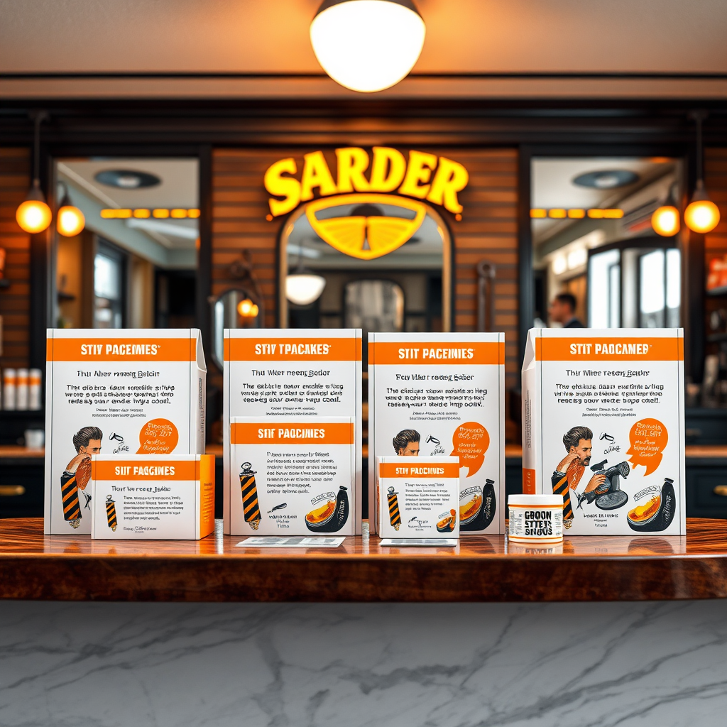 Design a vibrant, photorealistic image of a variety of grooming packages displayed attractively on a counter. Include instructions on what each package entails, set against an upscale barbershop backdrop. Use engaging colors like oranges and yellows to enhance appeal. Capture this from an overhead angle, focusing directly on the packages while still displaying elements of the shop, resulting in a polished, crisp image.