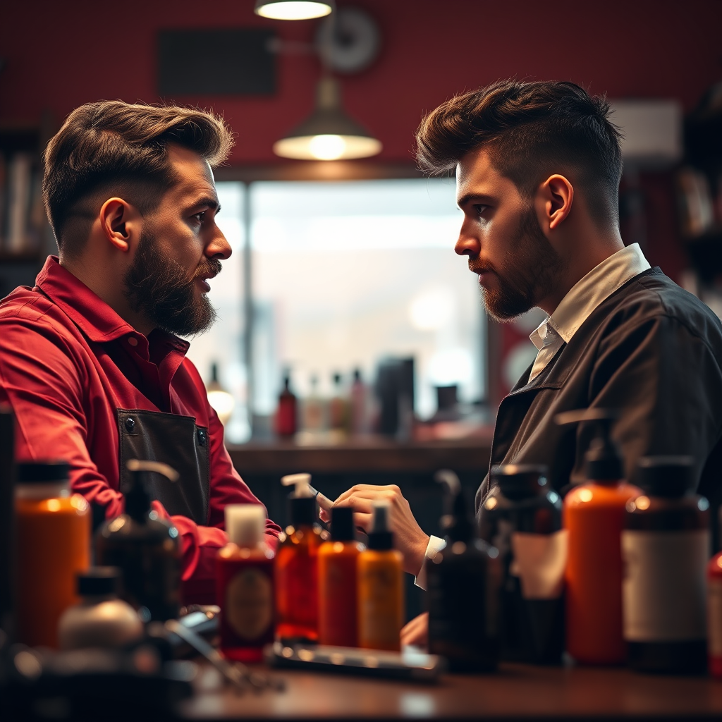 Design an engaging image of a barber consulting with a client, discussing style preferences while surrounded by a range of hair products and tools. The lighting should be warm and focused on the two individuals, creating an intimate feel. Use a color palette of rich reds and browns to evoke a sense of comfort. Capture this scene with a close-up perspective to highlight the interaction and the products, ensuring clarity in every detail.