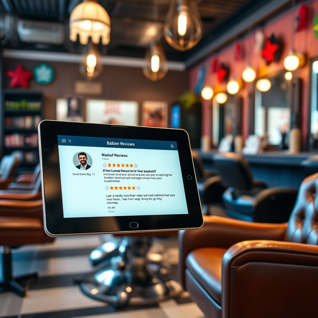 Design an engaging image showing a digital tablet displaying customer reviews in a barber shop setting. Incorporate elements that reflect a modern, cozy atmosphere such as leather chairs and vibrant decor. Use bright, welcoming lighting to create an inviting feel. Capture this image from the side to provide a dynamic perspective, ensuring that both the tablet and the surrounding environment are clearly represented in high resolution.