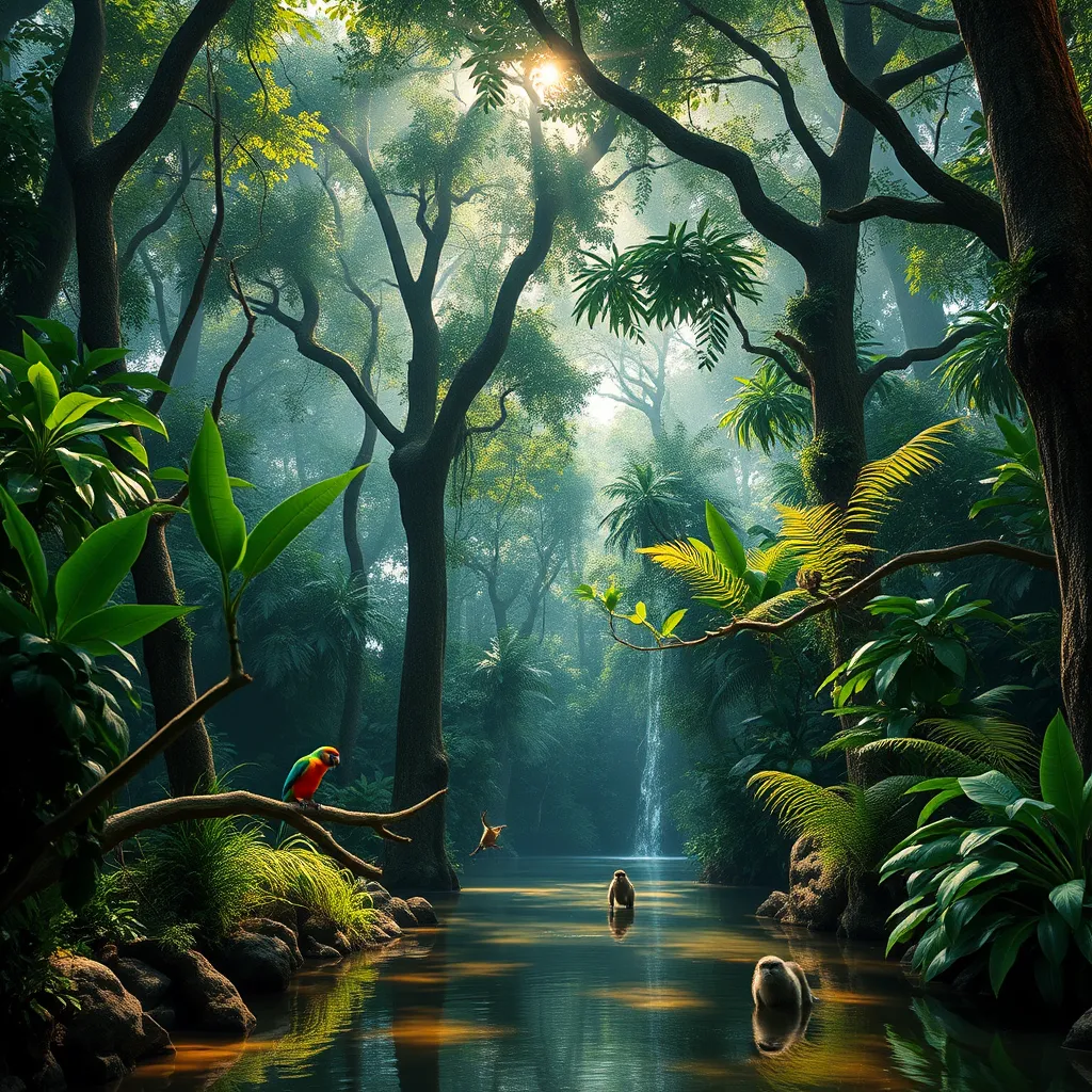 Generate a hyperrealistic image of a lush Ghanaian rainforest with diverse wildlife, including vibrant birds and playful monkeys. The lighting should reflect the dappled sunlight filtering through the dense canopy, creating a serene yet captivating ambiance. Capture the scene from a low angle, emphasizing the towering trees and intricate layers of foliage. Incorporate textures of bark, leaves, and the subtle sheen of insects. A peaceful river can wind through the scene, with reflections of the sky and trees. The color palette should be rich greens with splashes of vibrant colors from the wildlife. The image should be ultra-detailed and presented in 8K resolution, evoking a sense of adventure and tranquility in nature.