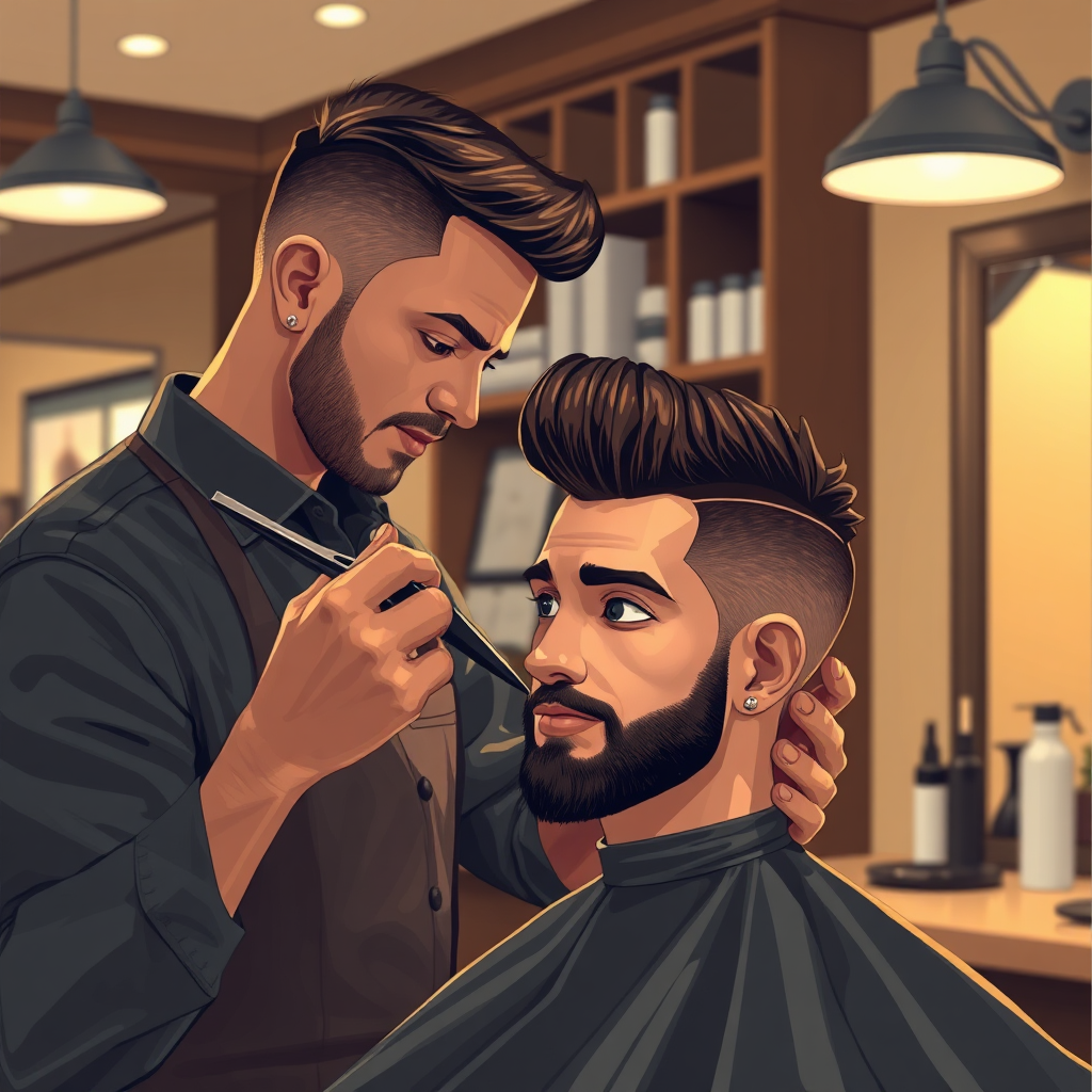 Illustrate a photorealistic image featuring a barber working meticulously to create a unique hairstyle for a client. The setting should reflect a polished barber shop environment with modern styling tools. Soft, focused lighting should illuminate the client's face, showcasing his anticipation and satisfaction. The color palette should include warm browns and creams to highlight the relaxing ambiance. Capture the moment from a slightly lower angle to emphasize the precision of the barber's technique, ensuring the final result is high-resolution.