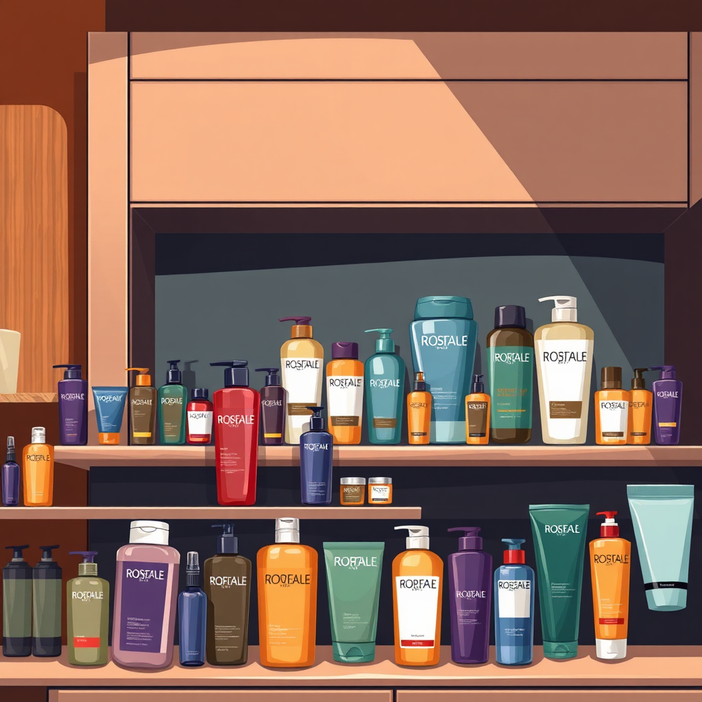 Illustrate a vibrant, photorealistic image of a well-stocked product shelf displaying grooming essentials aimed at African American and Latino clientele. The products should be diverse in color and packaging, set against a backdrop of sleek cabinetry. Warm lighting should enhance the richness of the colors. Capture the image from a customer’s perspective, focusing on the variety available, ensuring that the details are clear and appealing.