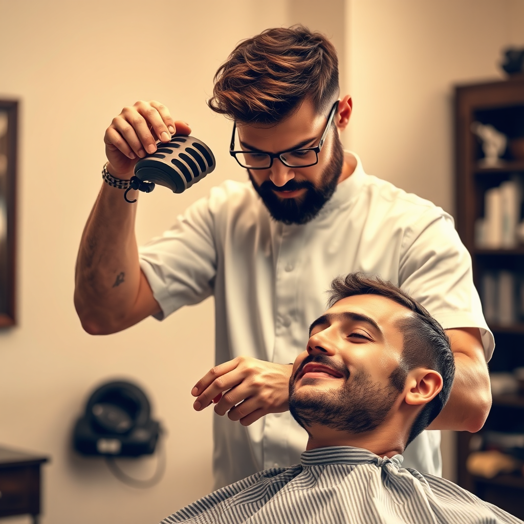Visualize a photorealistic image showcasing a barber giving a precise haircut to a young man. The barber's skilled hands should be visible, and the client should appear relaxed and satisfied. Soft, focused lighting should illuminate both figures, highlighting their features and expressions. Use a color palette of creamy whites and subtle earth tones to create a calm environment. Capture this moment from a mid-range angle to emphasize the expertise involved, producing a high-resolution image.