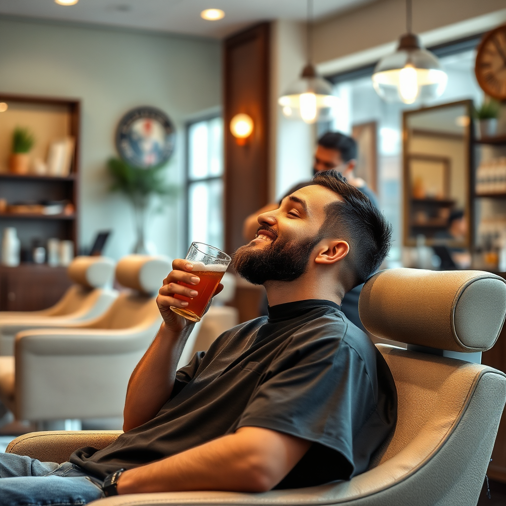 Visualize a relaxing scene inside the barber shop with a client enjoying a cut while sipping on a beverage. Include plush salon chairs and stylish décor that enhances the overall ambiance. Use gentle, diffused lighting to create a calming effect. Capture this moment from a slightly elevated angle, focusing on the client’s blissful expression while allowing the barber's motion in the background to be visible, ensuring a high-quality finish.