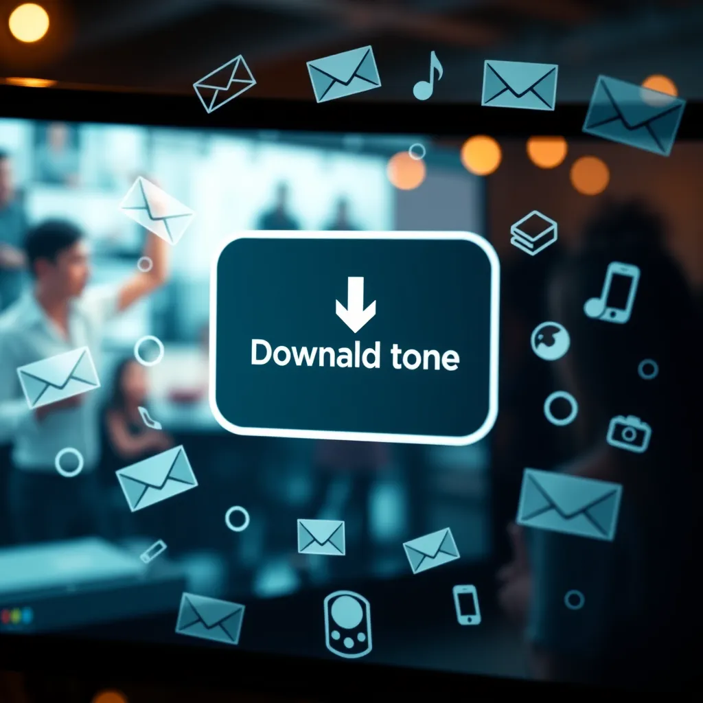 A close-up shot of a computer screen displaying a download button for binaural tones. Surround with symbols of sharing, like envelopes and social media icons. In the background, blurred images of people enjoying music together, highlighting community and connection.