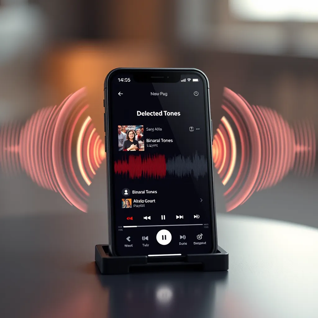 A modern digital device displaying a user-friendly music app interface, featuring a playlist of binaural tones. Surrounding the device are visual sound waves, illustrating the power and accessibility of downloading binaural audio.