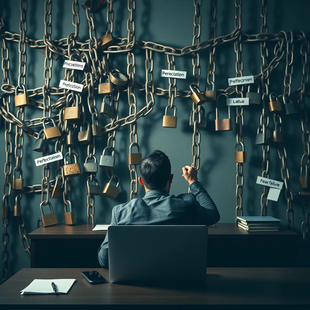 A businessperson sitting at a desk, frustrated, with a large, metaphorical wall made of tangled chains and locks blocking their view. The chains are labeled with words like "procrastination", "perfectionism", and "fear of failure".