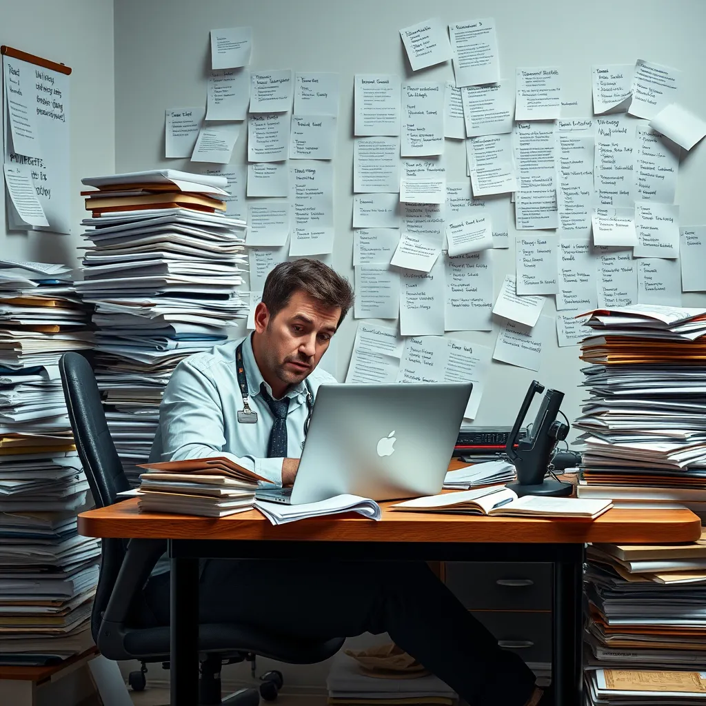  A businessperson sitting at a desk with a laptop, looking overwhelmed and stressed, surrounded by stacks of paperwork and a to-do list overflowing with tasks. The image should convey a sense of being buried under procrastination.