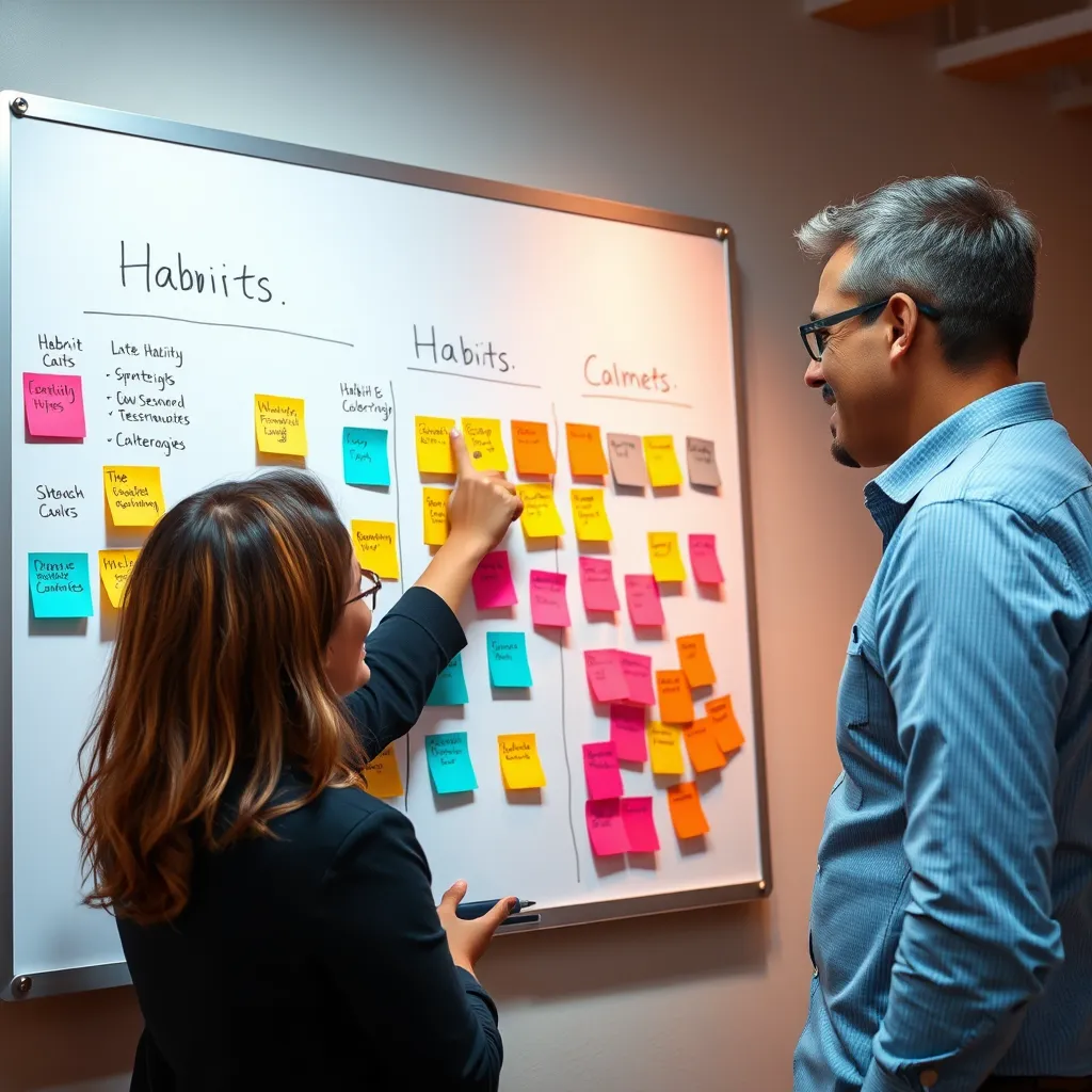 A coach and a client working together, using a whiteboard filled with colorful sticky notes representing different habits and strategies. The client is smiling and confidently pointing at a plan, while the coach encourages them.