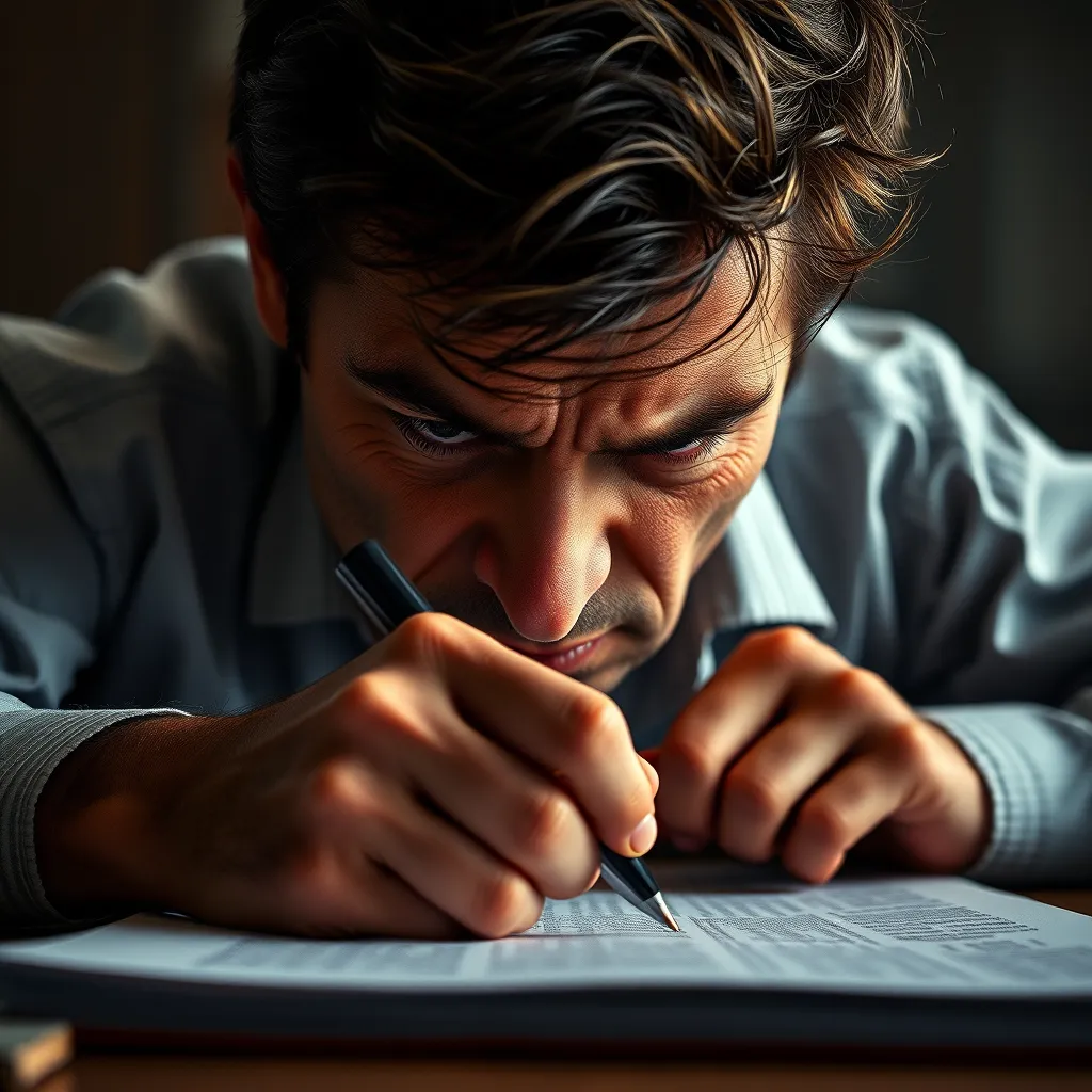  A person meticulously editing a document, their face contorted in frustration. The image should convey the feeling of being trapped in a cycle of endless revisions and a fear of making mistakes.