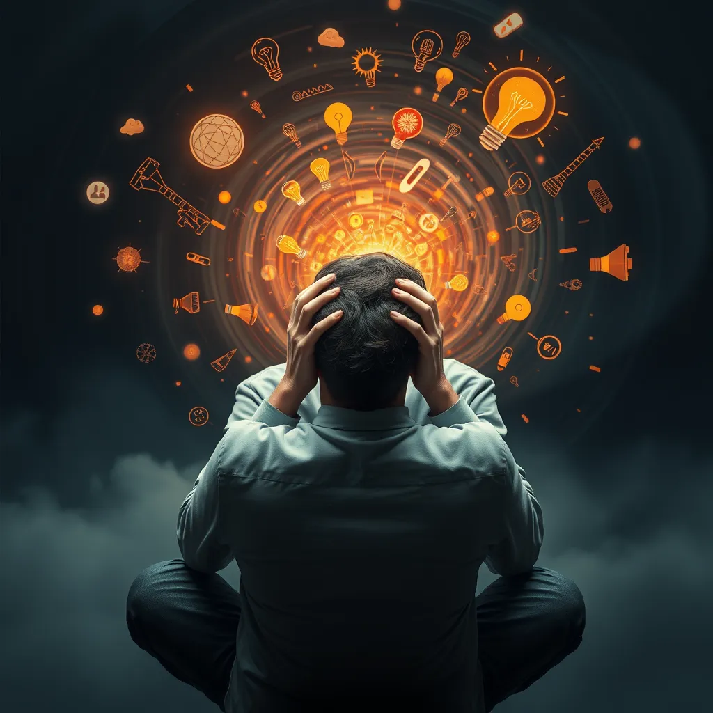  A person sitting with their head in their hands, surrounded by a swirling vortex of thoughts and ideas. The image should illustrate the feeling of being overwhelmed and unable to make a decision.