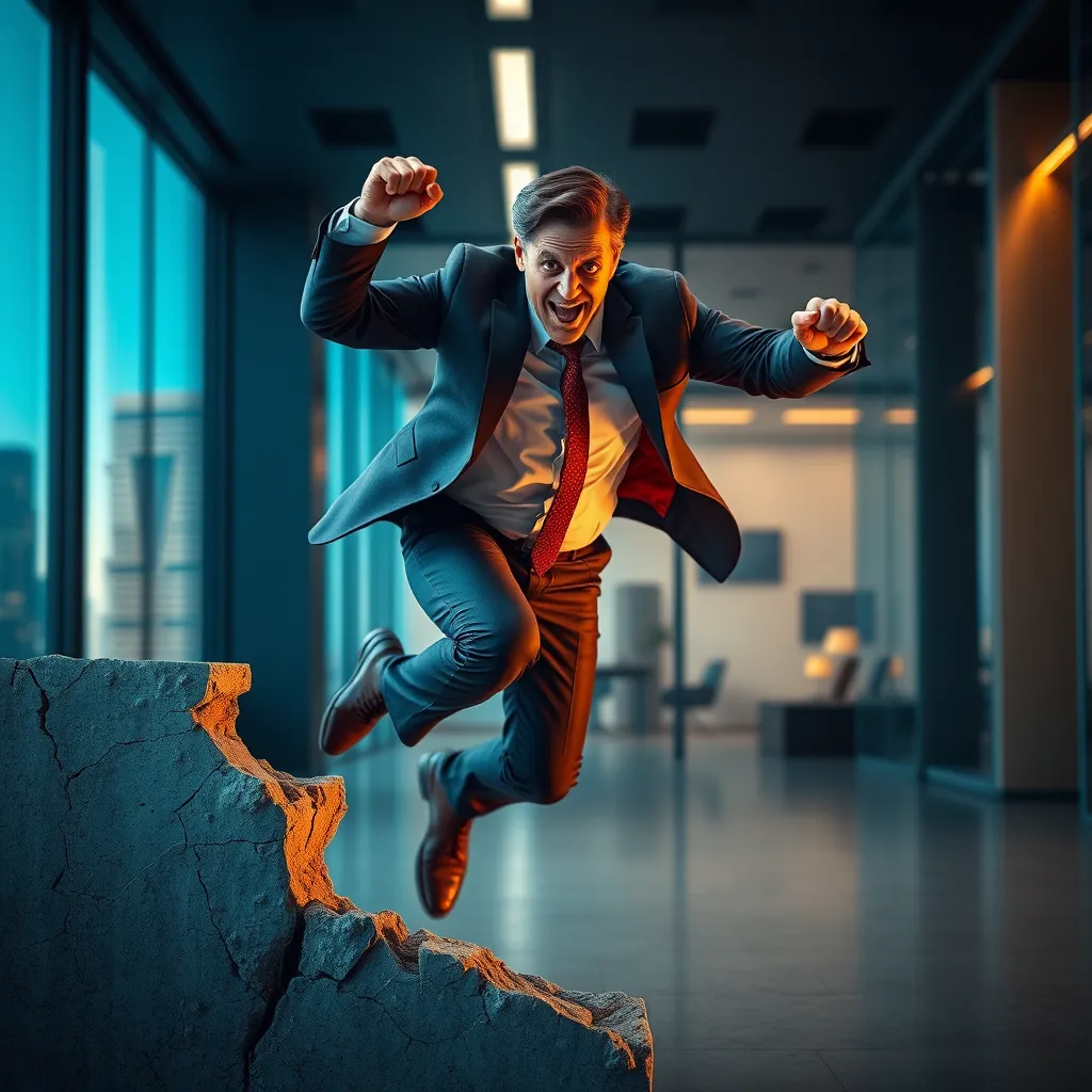 A photorealistic, high-resolution image with a cinematic feel, capturing a business professional in a dynamic pose, mid-action, as they confidently overcome a metaphorical obstacle represented by a cracked wall. The lighting is dramatic and high-contrast, highlighting the individual's determined expression and emphasizing their strength and resilience. The background is a sleek, modern office space, with glimpses of cityscape through a window, symbolizing their journey towards achieving their goals.  The image should convey a sense of movement and momentum, using a shallow depth of field to emphasize the individual's action. The color palette is bold and vibrant, utilizing rich blues, reds, and yellows to represent the energy and passion required for positive change. The overall mood is one of empowerment and triumph, showcasing the individual's ability to overcome challenges and unlock their potential.
