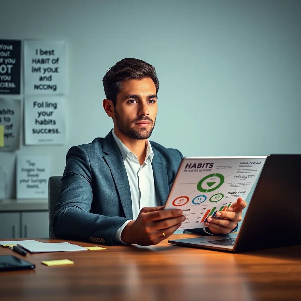 A photorealistic, ultra-high quality image in 8K resolution, depicting a confident, professional businessperson seated at a modern desk with a laptop, surrounded by inspirational quotes and sticky notes. The lighting is soft and diffused, highlighting the person's focused expression as they engage with a digital tablet, analyzing a detailed infographic representing various habits and their impact on their success. The color palette is calming, with shades of blue, green, and white, evoking a sense of clarity and organization. The image should have a clean, minimalist aesthetic, with the person as the central focus, and the infographic as a supporting element.  The overall mood should be one of thoughtful introspection and positive transformation.