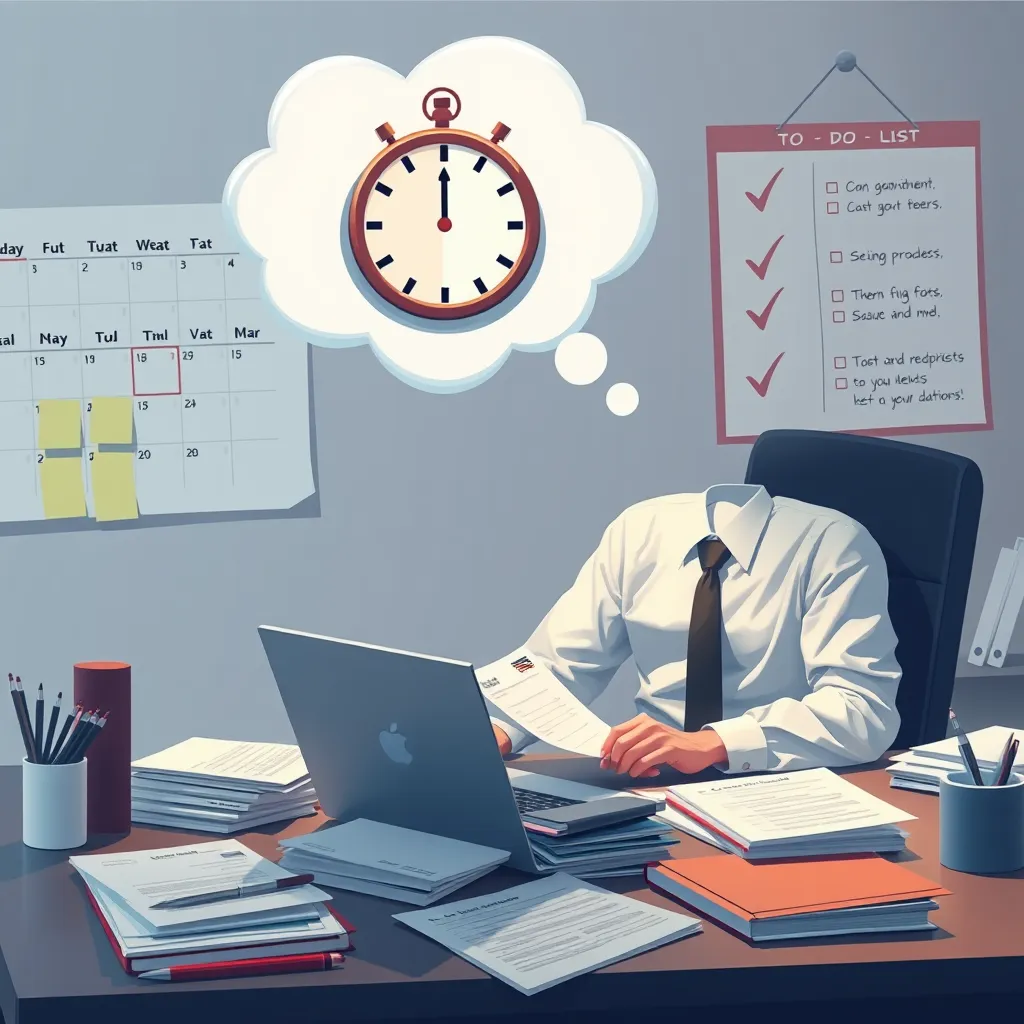 A photorealistic illustration depicting a businessperson at their desk, surrounded by paperwork and a laptop, with a thought bubble above their head showcasing a clock ticking away, representing procrastination. In the background, a calendar with marked dates and a to-do list with checkmarks represent productivity.