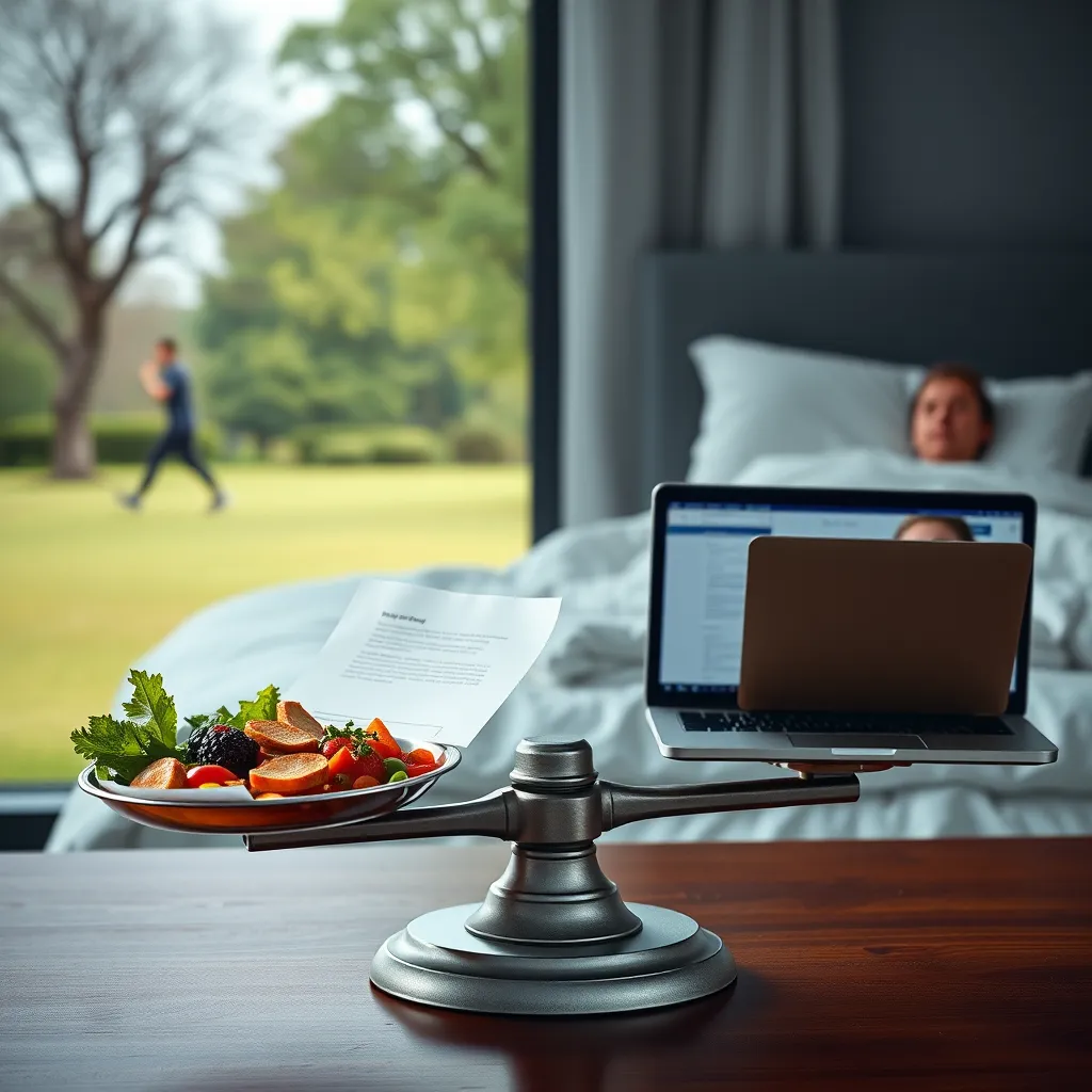 A photorealistic image depicting a balanced scale with a healthy meal on one side and a laptop with work documents on the other, symbolizing the importance of prioritizing self-care alongside professional responsibilities. In the background, a person is shown exercising in a park and sleeping soundly in bed, representing healthy habits.