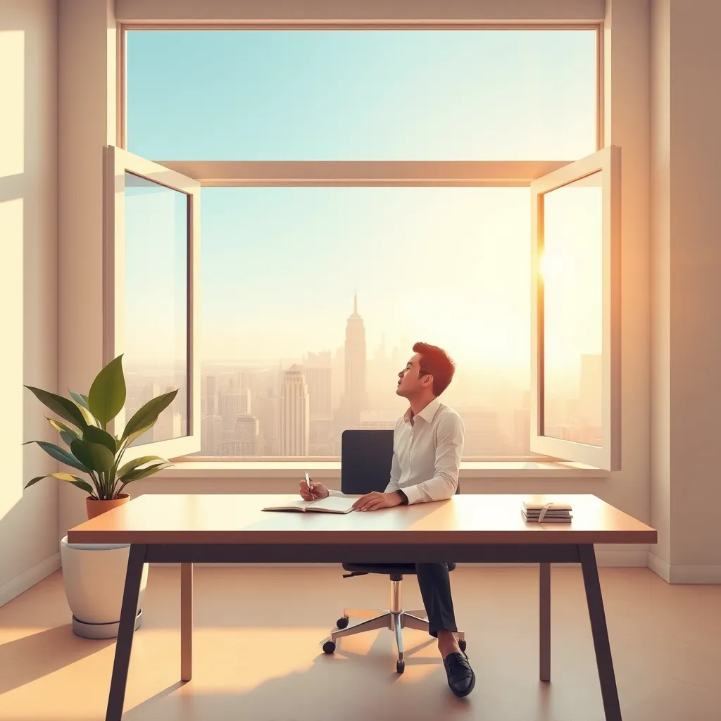A photorealistic image in a stylized, minimalist style, resembling a contemporary painting. The scene depicts a serene office space with a large, open window overlooking a cityscape, bathed in warm, golden sunlight. A business professional is seated at a clean, minimalist desk with a notebook, pen, and a potted plant, symbolizing growth and mindfulness. The lighting is natural and soft, creating a calming atmosphere. The individual is gazing out the window with a peaceful expression, symbolizing a state of balance and serenity.  The color palette is soft and pastel, with muted blues, greens, and creams, emphasizing the tranquility and focus achieved through sustainable habit formation. The image should have a sense of stillness and contemplation, reflecting the individual's commitment to long-term success through mindful habits.
